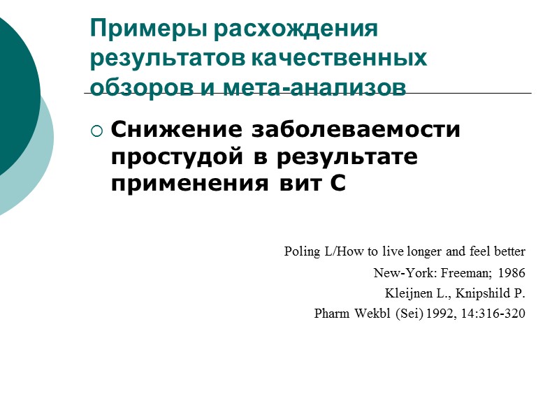 Примеры расхождения результатов качественных обзоров и мета-анализов Снижение заболеваемости простудой в результате применения вит